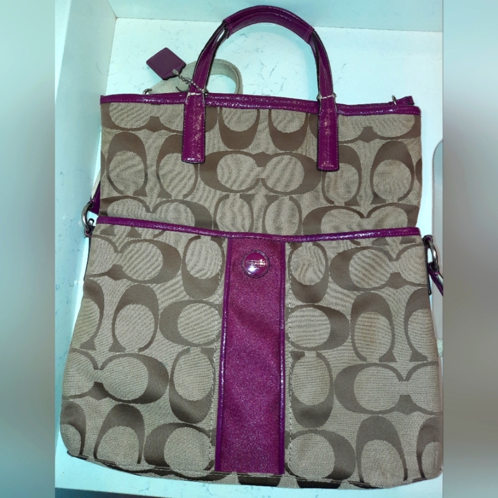 Coach Purse, signature textile and magenta, straps show stress wear